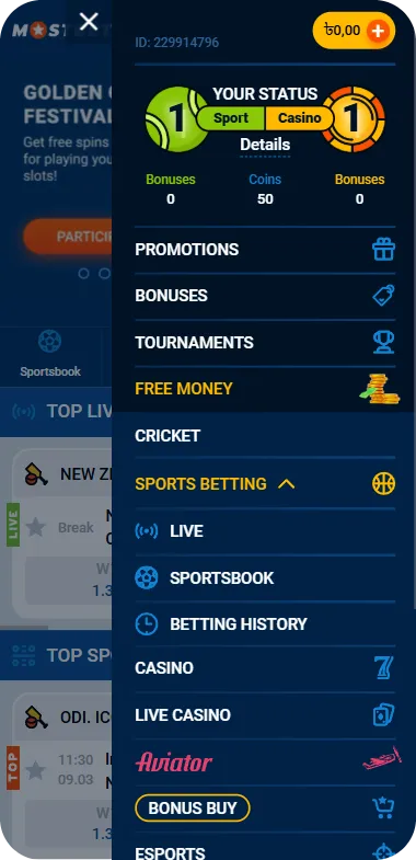 Mostbet Official Website in Bangladesh Menu